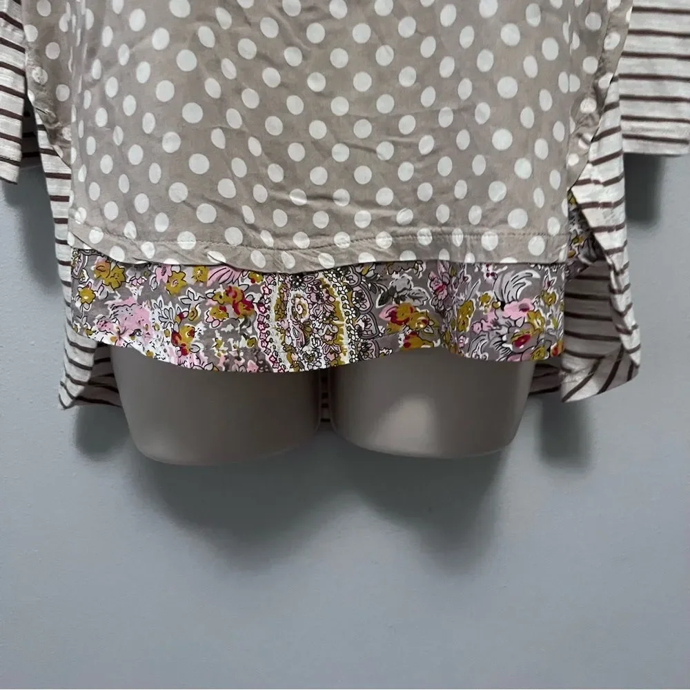 Anthropologie Beige and White Polka Dot Mixed-Pattern Blouse